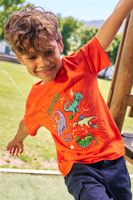 Glow In The Dark Space Dino Kids Tee - Bright Orange