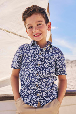 Printed Kids Woven Short Sleeve Shirt - Navy