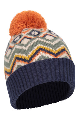 Fleece Lined Kids Chevron Pom Beanie - Orange