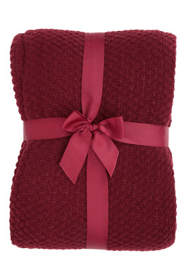 Borg Lined Knitted Blanket - Burgundy