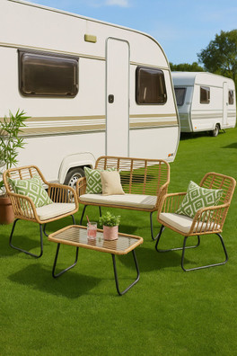 4 Piece Wicker Garden Sofa, Table & Chairs Set - Beige