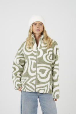 Heart Print Zip Through Womens Sherpa Fleece - Pale Green