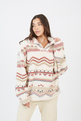 Quarter Zip Womens Printed Sherpa Fleece - Cream