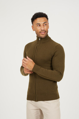 Zip Through Mens Funnel Neck Knit Cardigan - Khaki