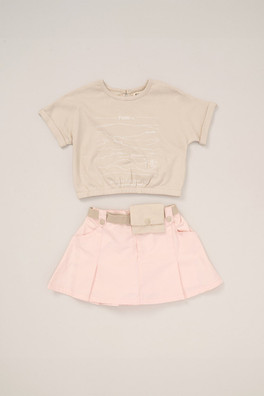 T-Shirt. Skort And Belt Purse Kids Outfit Set - Light Beige