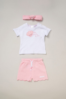 Printed Kids T-Shirt Shorts And Headband Set - Baby Pink