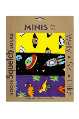 Set of Three Mini  Welly Socks in a Gift Box - Dogs/Space/Dino