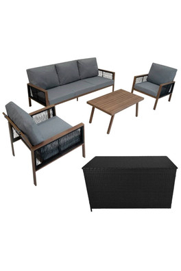Aluminium 4 Piece Sofa Set & Box - Wood Effect - Brown