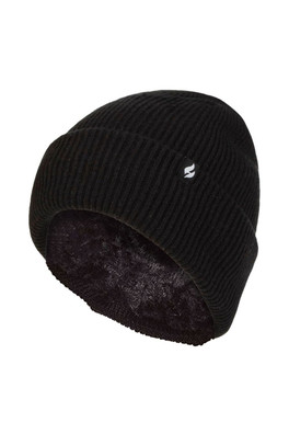 Lined Ladies Ribbed Turnover Winter Hat - Black