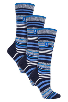 Womens Ultra Lite Long Thermal Ski Socks 3-Pack - Dark Blue Stripe