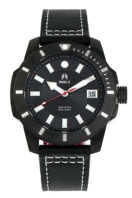 Shaw Mens Leather Band Diver Watch with Date - Black