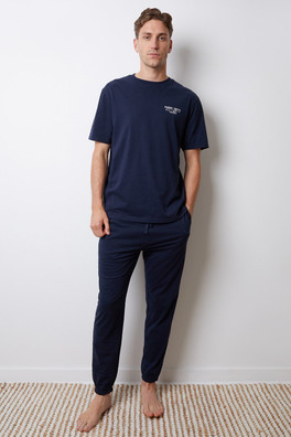 Cotton Mens Short Sleeve Graphic Lounge Set - Navy