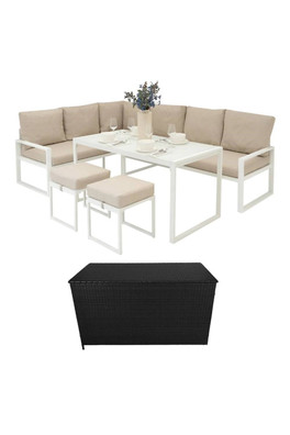 White Aluminium Sofa Set & Black Rattan Box - White