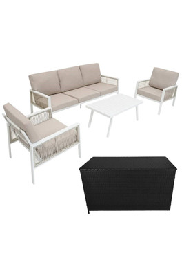 White Aluminium 4 seat Set with Black Storage Box - White