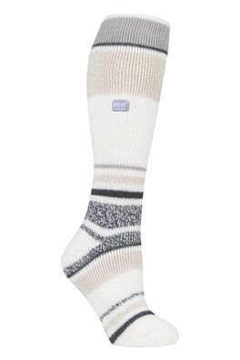 Womens Knee High Thermal Ski Socks - Cream Stripe
