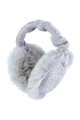 Womens Thermal Knit Ear Muffs with Faux Fur Trim - Light Grey
