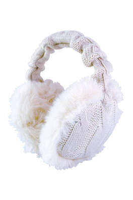 Womens Thermal Knit Ear Muffs with Faux Fur Trim - Cream