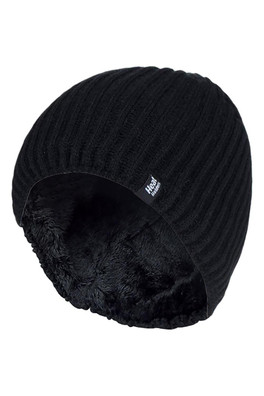 Mens Ribbed Winter Thermal Beanie Hat - Black