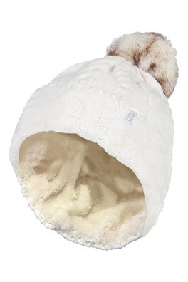 Womens Thermal Fleece Lined Pom Pom Hat - Cream