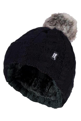 Womens Thermal Fleece Lined Pom Pom Hat - Black