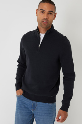 Cotton Blend Mens Knitted Quarter Zip Jumper - Black