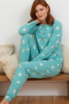 Muckleford Womens 95% Cotton Jersey Pyjamas - Hare Hug