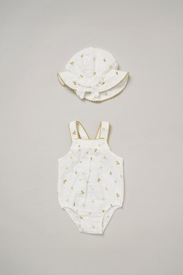 Printed Kids Romper And Hat Outfit Set - Cream
