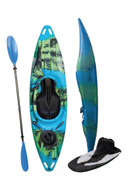 White Water Tourer Kayak with Paddle & Spraydeck - Green/Blue/Black