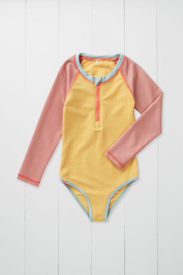 Kids Ribbed Long Sleeve Swimsuit - Ochre