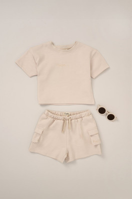T-Shirt Shorts And Sunglasses Kids Outfit Set - Light Beige