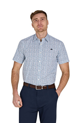 Short Sleeve Floral Cotton Poplin Mens Shirt - Sky Blue
