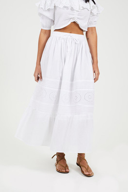 Tiered Womens Maxi Skirt With Embroidery - White