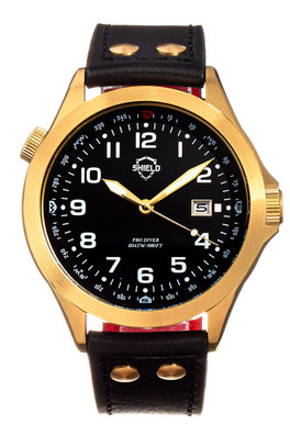 Palau Mens Leather Band Diver Watch with Date - Gold/Black