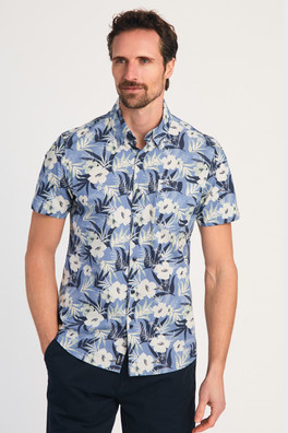 Cotton Mens Printed Poplin Short Sleeve Shirt - Blue