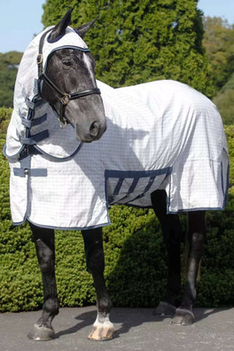 Sweet Itch Fly Rug with Belly Wrap - White/Light Blue