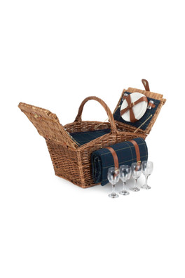 Elegant 4 Person Blue Tweed Fitted Picnic Basket - Blue
