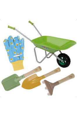 Kids Gardening Set Wheelbarrow Blue Bee Gloves - Multicoloured
