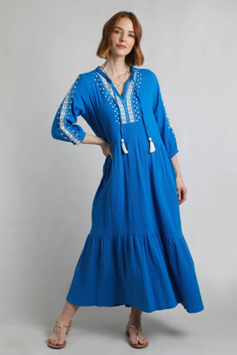 Arles Womens Embroidered Double Cloth Dress - Adriatic Blue