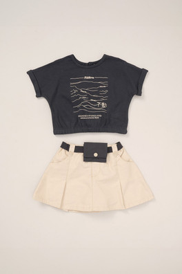 T-Shirt, Skort And Belt Purse Kids Outfit Set - Dark Grey