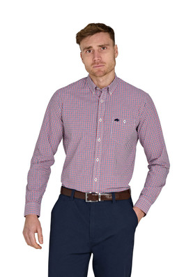 Long Sleeve Graph Check Poplin Cotton Mens Shirt - Red