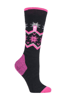 Womens Lightweight Knee High Thermal Ski Socks - Black Zig Zag