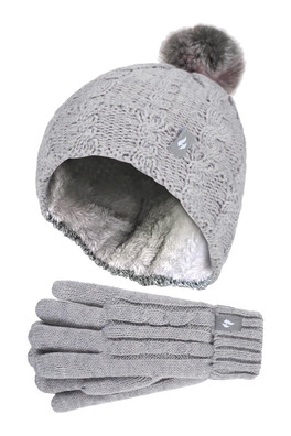 Kids Cable Bobble Hat & Gloves Set - Frost Grey Melange