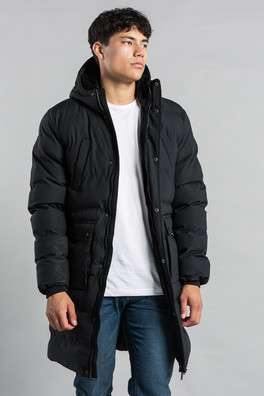 Mens Longline Funnel Neck Hooded Padded Jacket - Black