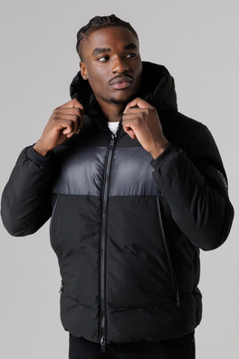 Mens Hooded Padded Jacket with High-Shine Panel - Black