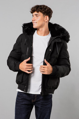 Mens Short Padded Parka Jacket with Faux Fur Hood - Black