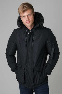 Mens Padded Parka Jacket with Faux Fur-Lined Hood - Black