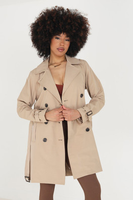 Double Breasted Womens Belted Trench Coat - Stone