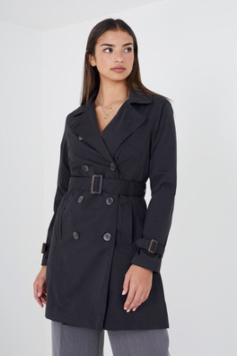Double Breasted Womens Belted Trench Coat - Black