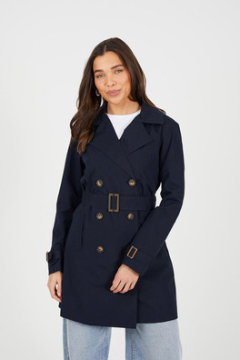 Double Breasted Womens Belted Trench Coat - Navy