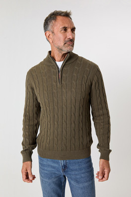 Mens Cable Knit Quarter Zip Jumper - Khaki